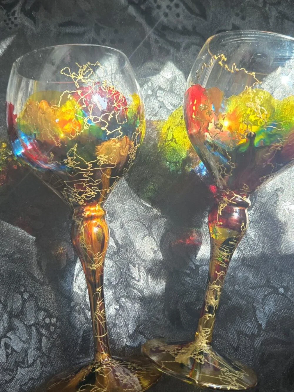 MONACO MONARCH Pair of Abstract Colorful Crystal Balloon Wine Stem Goblets